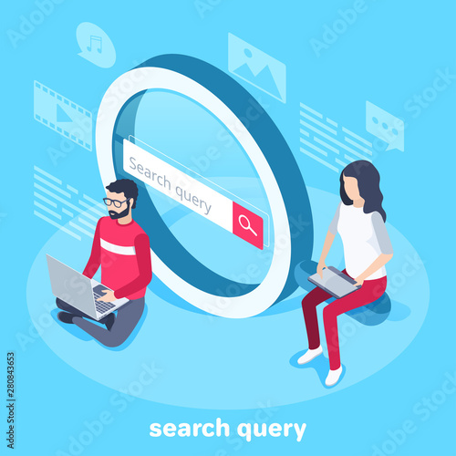 isometric vector image on a blue background, a young man sits with a laptop at a large magnifying glass and a girl sits with a tablet, a search query on the Internet