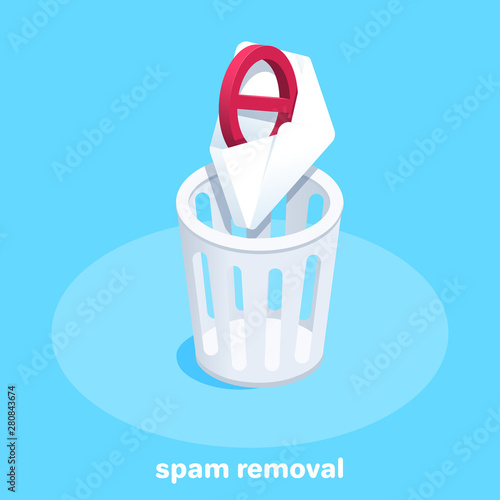 isometric vector image on a blue background, a spam envelope falls into the trash, deleting spam letters from an email