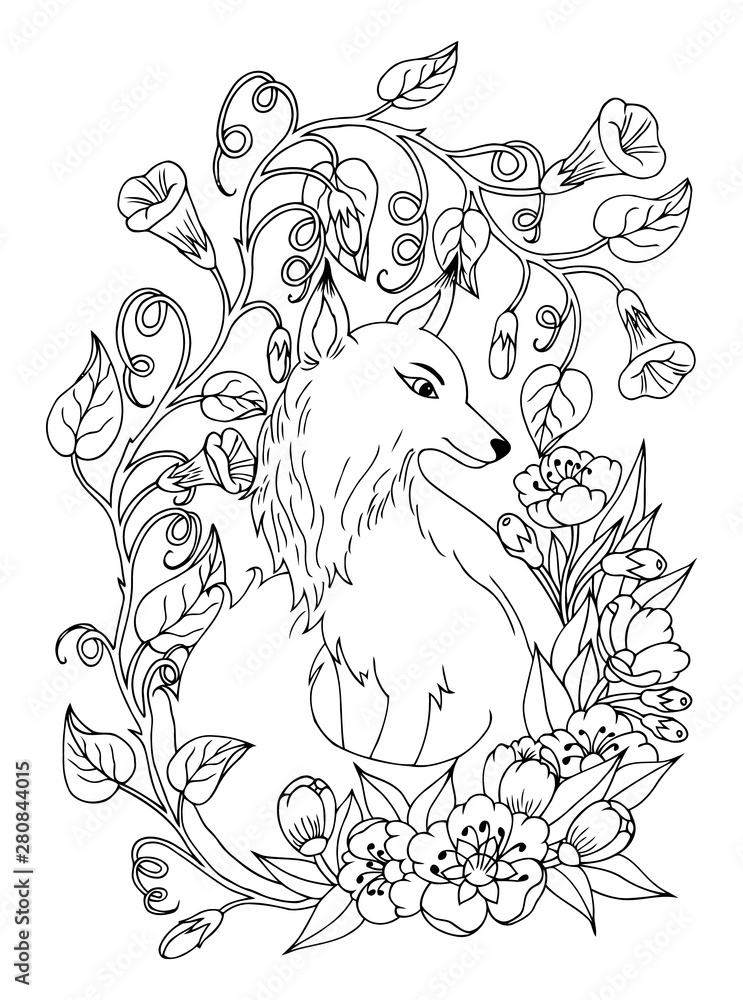 Vector illustration zentangl. The cunning fox sits surrounded by flowers. Coloring book. Antistress for adults and children. The work was done in manual mode. Black and white.
