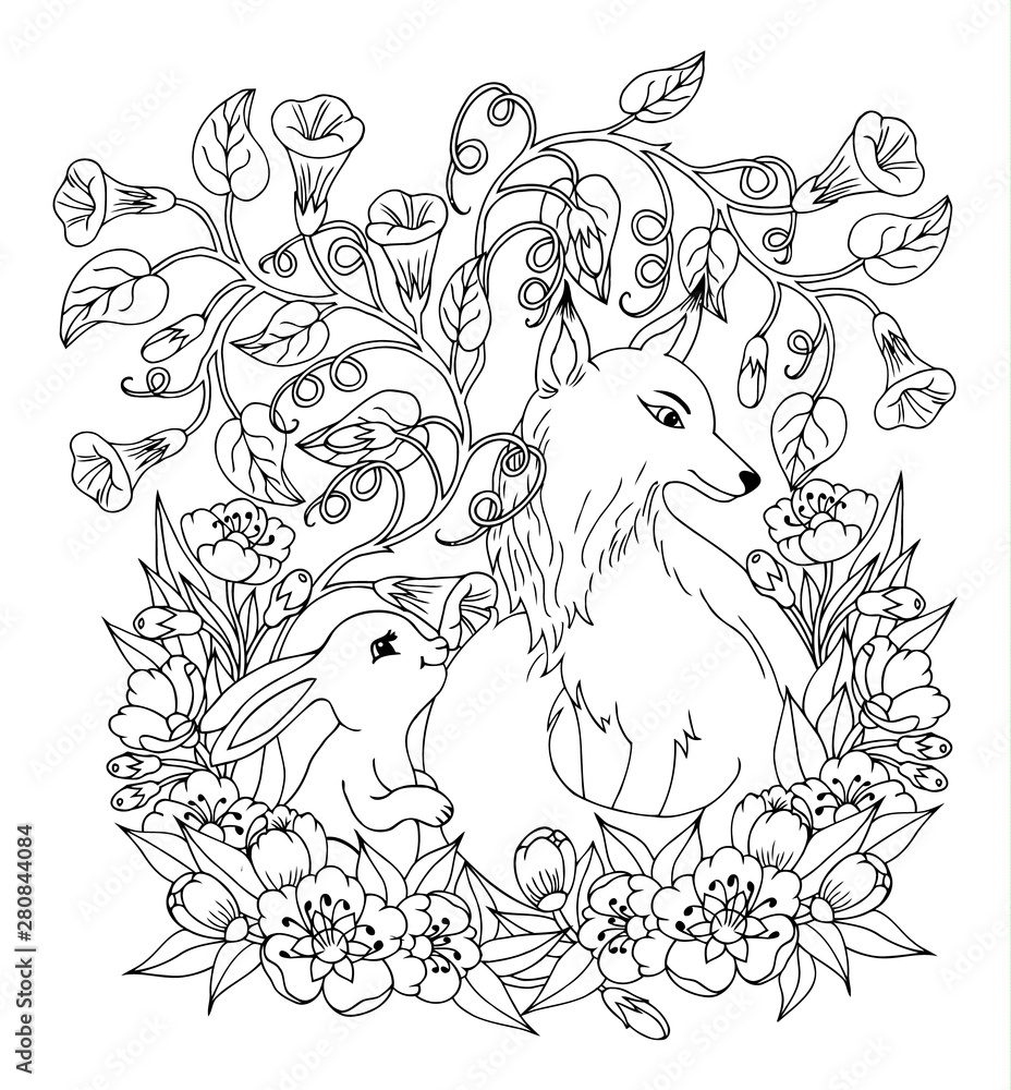 Vector illustration zentangl. The fox with the hare is sitting in flowers. Coloring book. Antistress for adults and children. The work was done in manual mode. Black and white.