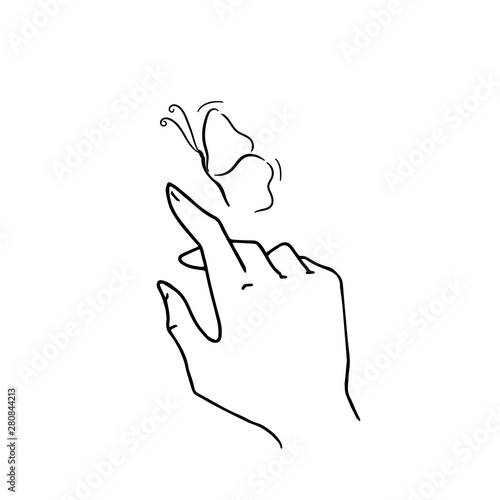 vector minimal sketchy illustration of a thin hand with long fingers and a butterfly flying around. photo