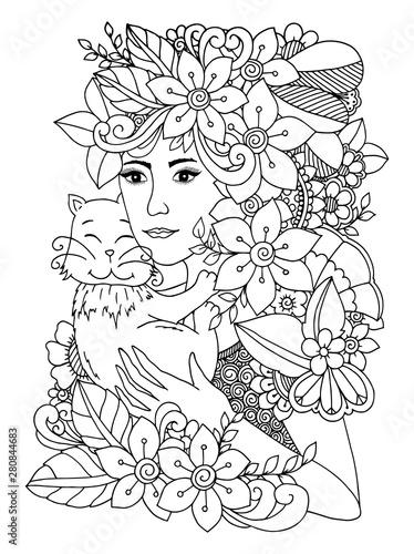 Obraz na plátně Vector illustration of a zentangle, a girl in flowers with a kitten in her arms