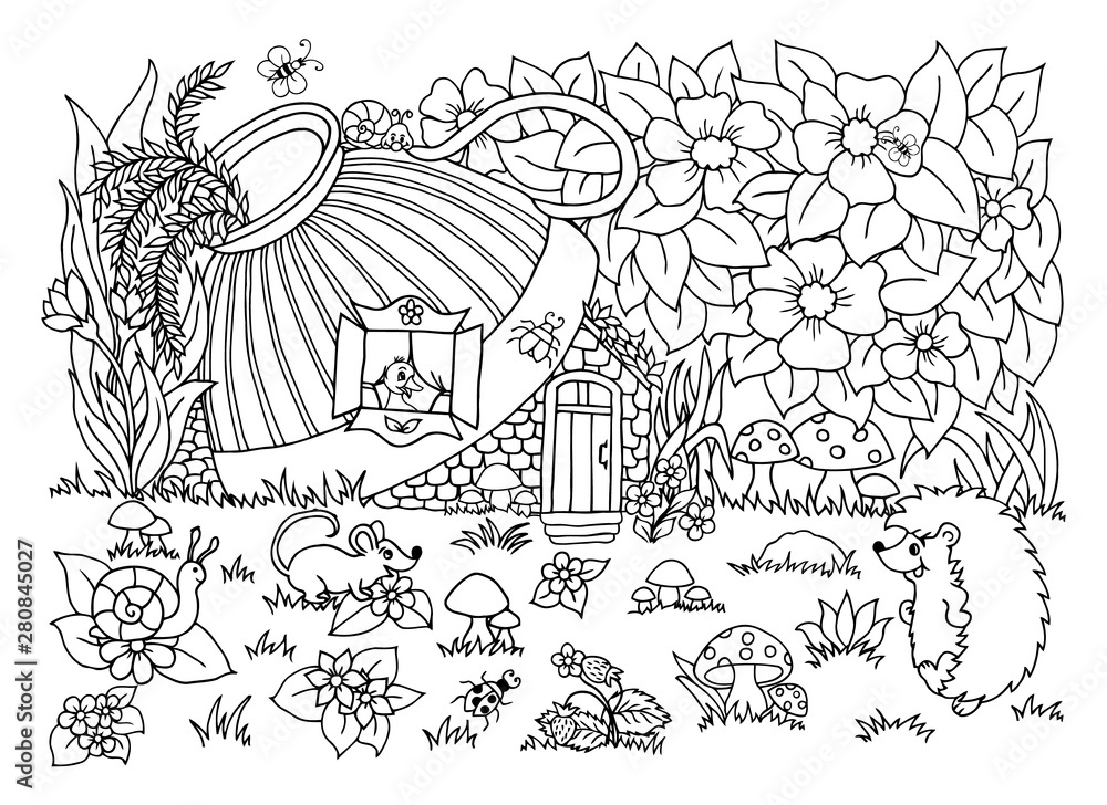 Vector illustration zentangl. The hedgehog goes to the duck's house. Coloring book. Anti-stress for adults and children. The work is done in manual mode. Black and white. Vector illustration zentangl. The hedgehog goes to the duck's house. Coloring book. Anti-stress for adults and children. The work is done in manual mode. Black and white.