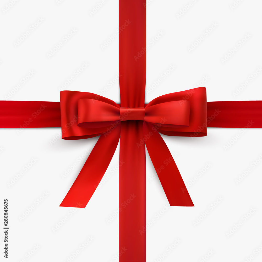 Festive red bow, holiday present and birthday ribbon Festive red bow, holiday present and birthday ribbon