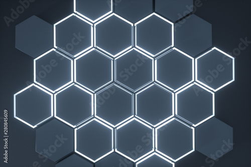 Dark hexagonal platforms connected together background, 3d rendering
