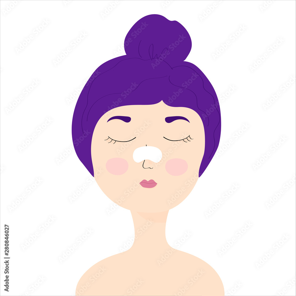 Young girl with a cleansing strip on the nose of black dots. Young girl with a cleansing strip on the nose of black dots.