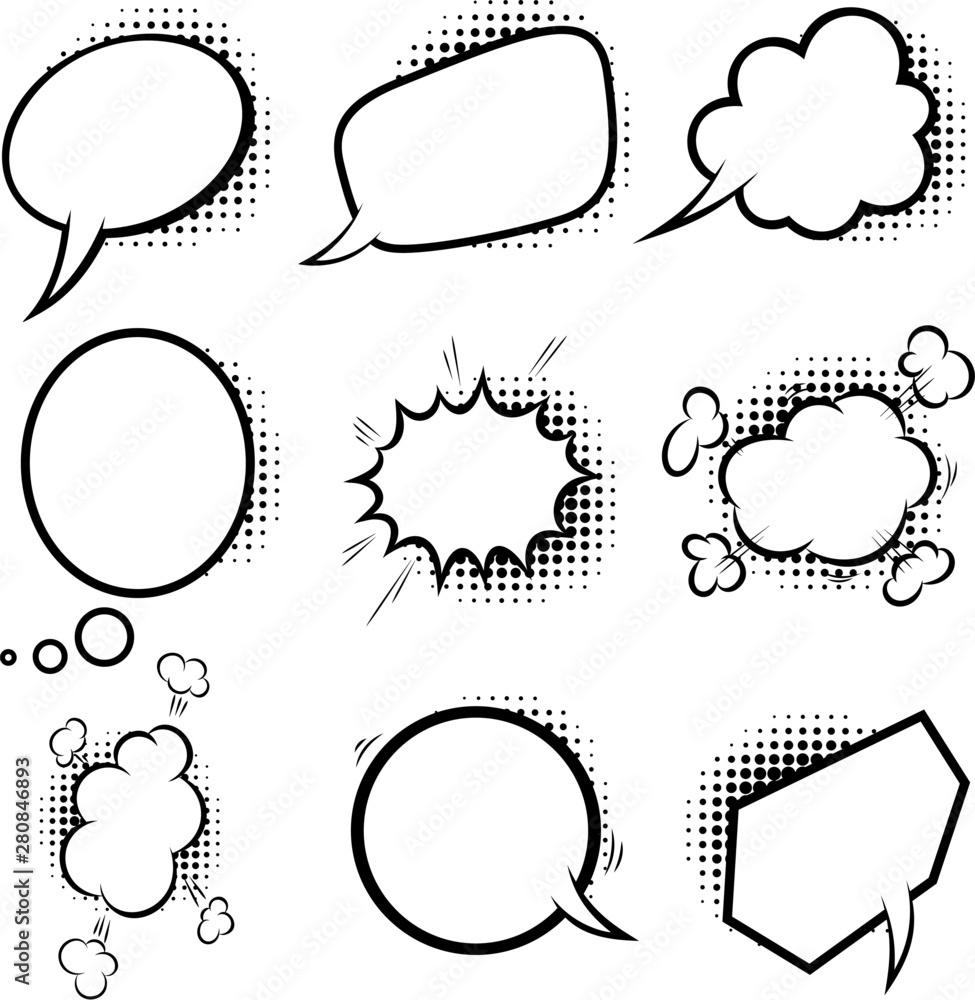 Naklejka premium Set of empty comic style speech bubbles with halftone shadows. Design element for poster, emblem, sign, banner, flyer. Vector illustration