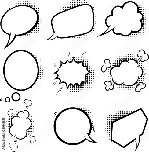 Set of empty comic style speech bubbles with halftone shadows. Design element for poster, emblem, sign, banner, flyer. Vector illustration