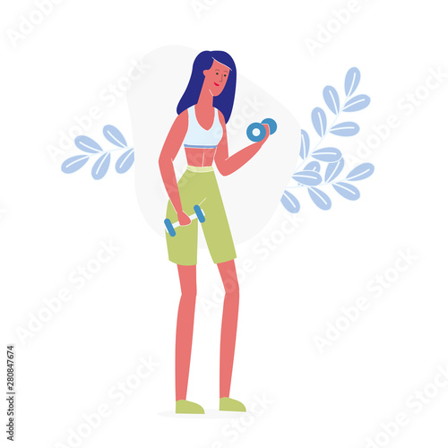 Girl Working out with Dumbbells Flat Illustration