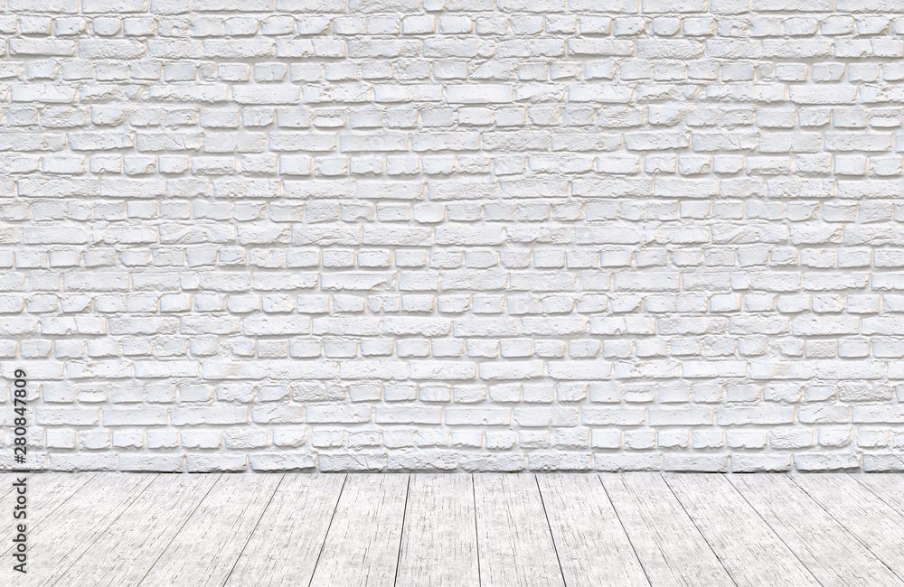 White brick wall and wood floor background