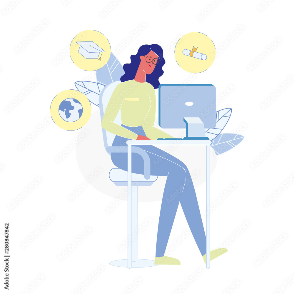 Woman Studying at Home Flat Vector Illustration Woman Studying at Home Flat Vector Illustration