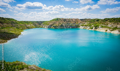 Volkovysk chalk pits or Belarusian Maldives beautiful saturated blue lakes. Famous chalk quarries near Vaukavysk, Belarus. Developed for the needs of Krasnaselski plant construction materials.