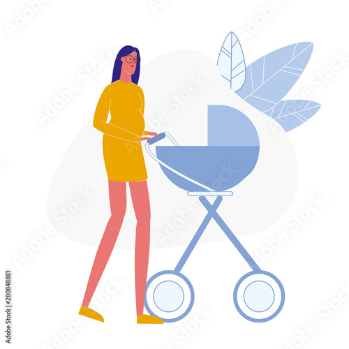 Pregnant Lady with Pram Flat Vector Illustration