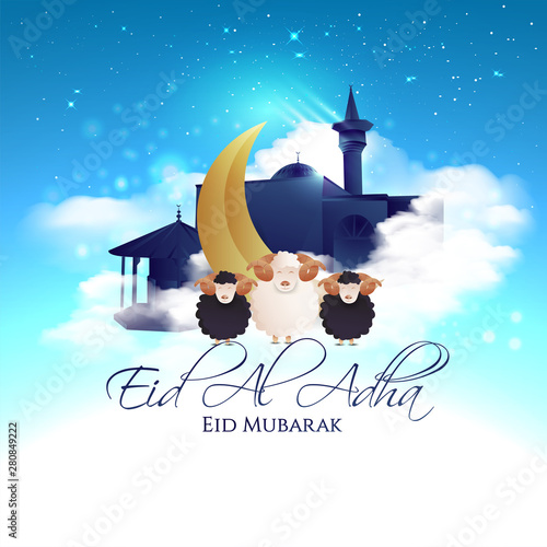 vector illustration. Muslim holiday Eid al-Adha. the sacrifice a ram or white and black sheep. graphic design decoration kurban bayrami. month lamb and a lamp.Translation from Arabic: Eid al-Adha