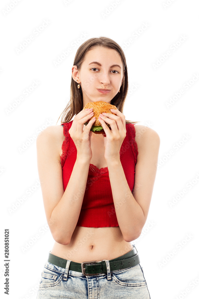 girl with hamburger girl with hamburger