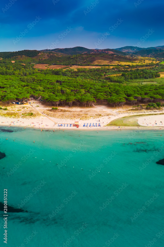 Graniro beach with Santa Lucia old town on the Sardinia Island, Italy