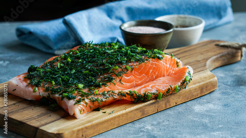 Photography Gravlax or gravlaks is a Nordic dish consisting of raw salmon, cured in salt, su