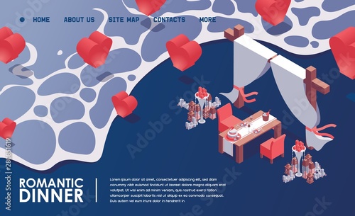 Romantic dinner on the sea shore with arch, candle lights and dinner table setting. Fairy lights in the air. Isometric concept illustration