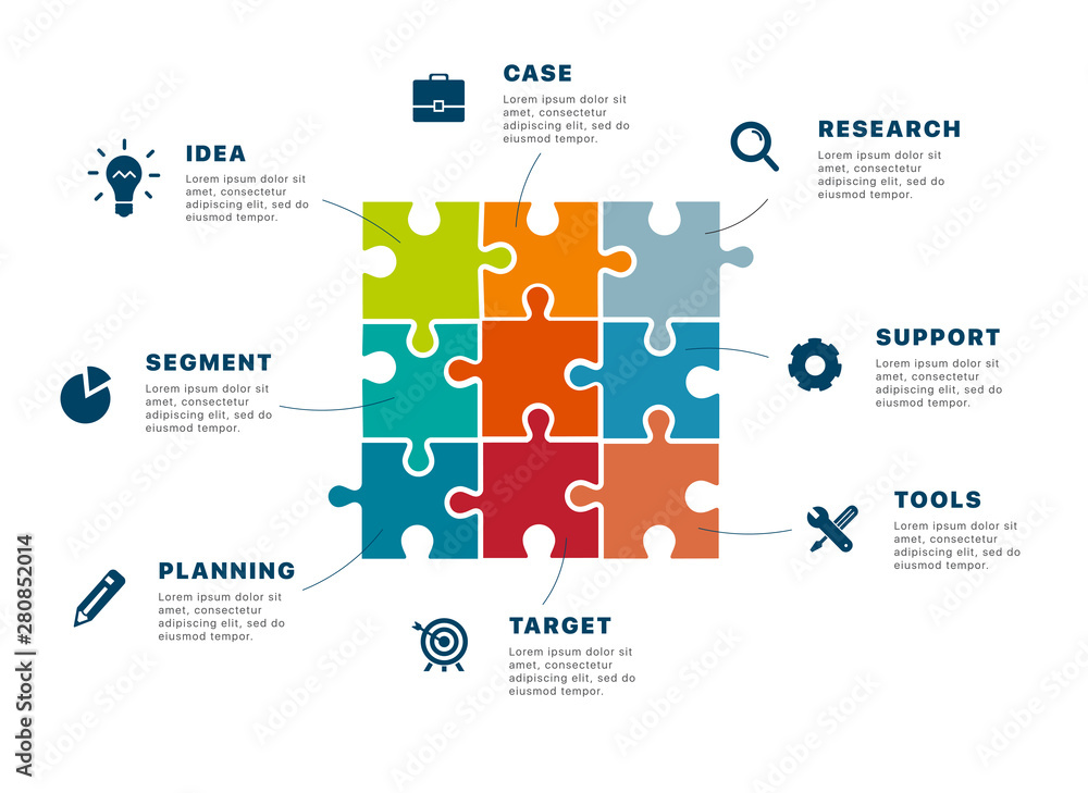 Naklejka Infographics. Puzzle infographics creating a successful business. Template business infographics for your successful business project. Modern business infographic puzzle. Vector illustration