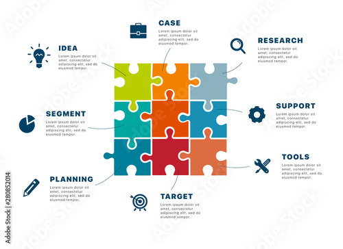 Infographics. Puzzle infographics creating a successful business. Template business infographics for your successful business project. Modern business infographic puzzle. Vector illustration