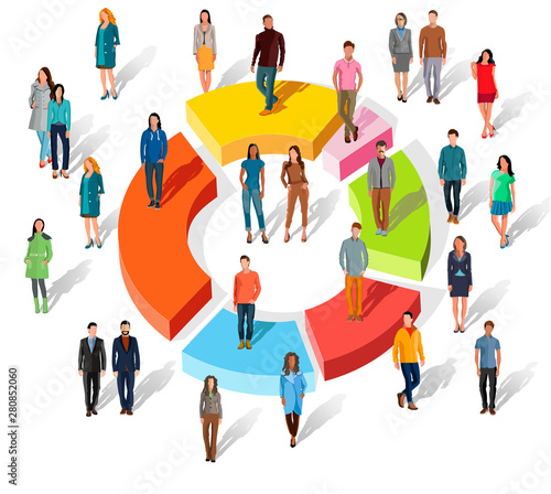 People related to share market. Isometric flat 3D business concept of market share. Business infographic share of the market. Market share business concept. Business infographic pie chart. Flat design