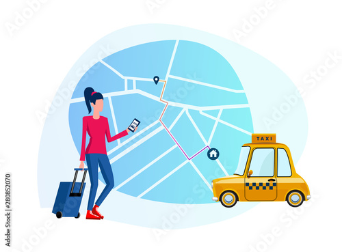 Taxi ordering. Mobile app for a call cab service. Flat illustration of a girl who calls a yellow taxi car so that he takes her along a short route to her house using a navigator