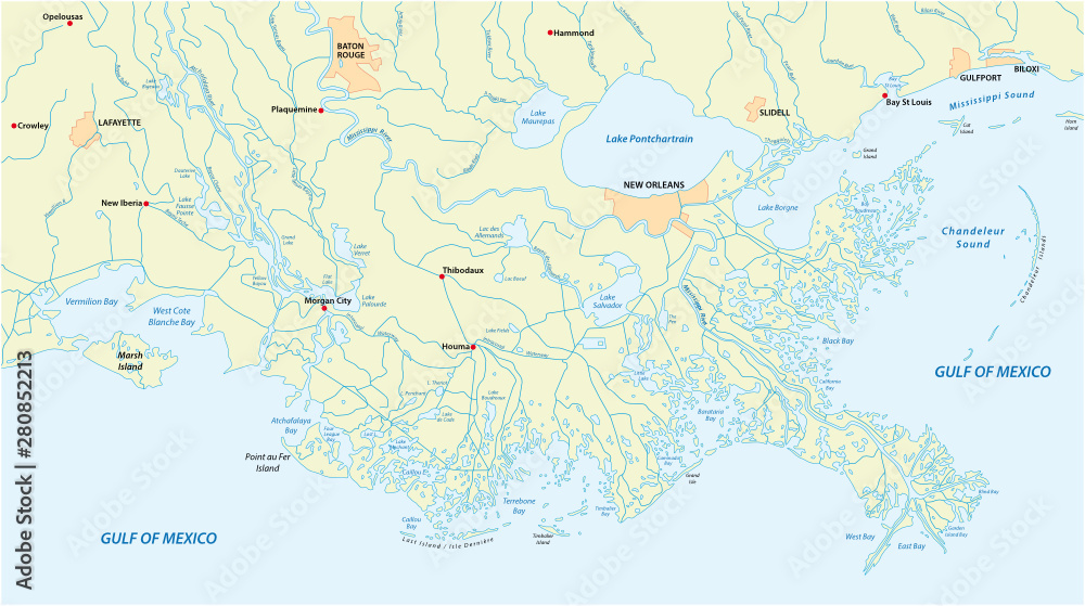 Detailed map of the Mississippi River Delta in the US state of Louisiana