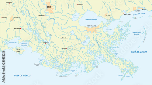 Detailed map of the Mississippi River Delta in the US state of Louisiana
