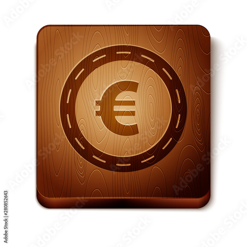 Brown Coin money with euro symbol icon isolated on white background. Banking currency sign. Cash symbol. Wooden square button. Vector Illustration