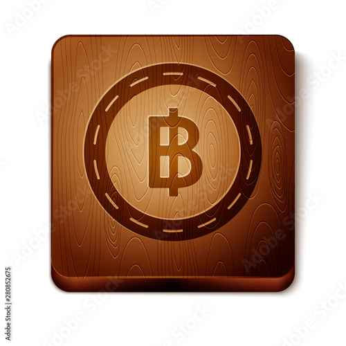 Brown Cryptocurrency coin Bitcoin icon isolated on white background. Blockchain technology, bitcoin, digital money market, cryptocoin wallet. Wooden square button. Vector Illustration