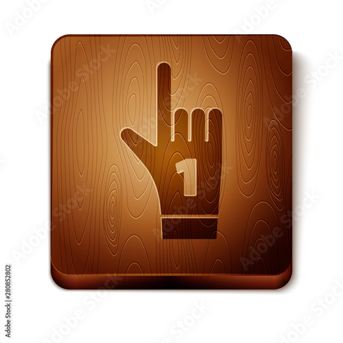 Brown Number 1 one fan hand glove with finger raised icon isolated on white background. Symbol of team support in competitions. Wooden square button. Vector Illustration
