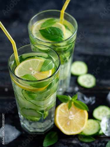 Summer detox water with lemon, mint, cucumber and Basil. Summer chilled lemonade
