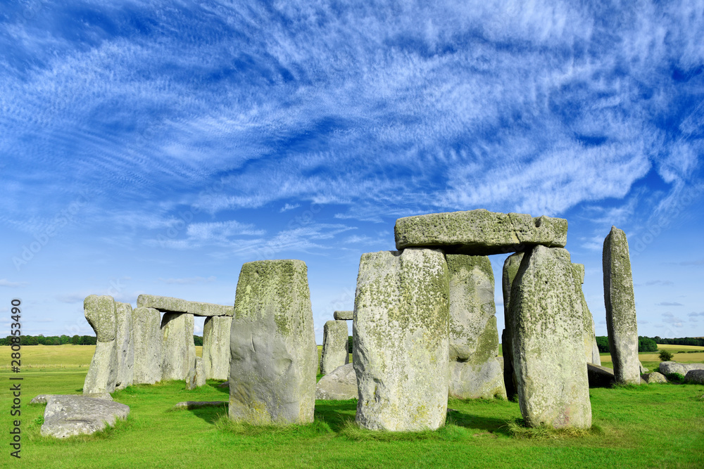 Stonehenge an ancient prehistoric stone monument from Bronze and Neolithic ages, constructed as a ring near Salisbury with dramatic sky, Wiltshire in England, United Kingdom