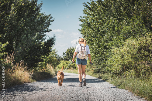 Woman and dog walking on road. Tourist with backpack enjoying walk with her animal best friend
