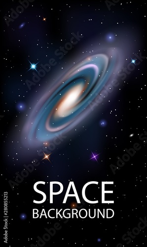 Vector poster of Cosmic Galaxy, shining stars on night sky background. Space vertical background. Colorful galaxy with nebula, planets and stars. Abstract futuristic backdrop with copy space, stories.