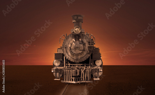 Old steam locomotive in the steppe.