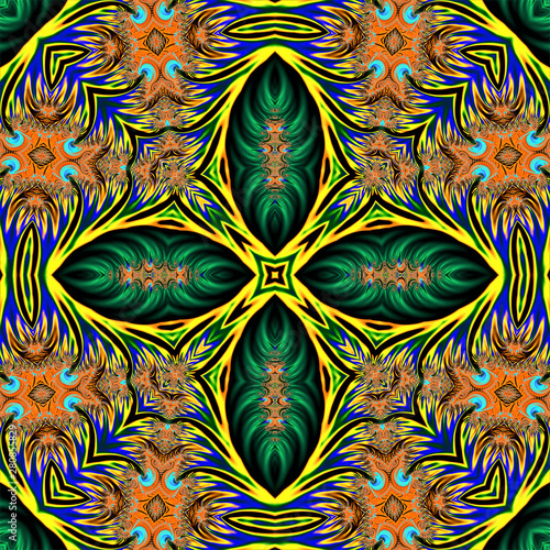 Fototapeta Naklejka Na Ścianę i Meble -  creative abstract texture consisting of a multi-colored circular ornament and four abstract leaves, too, with an ornament in the center