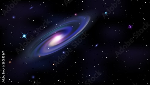 Vector template of Cosmic Galaxy, shining stars on night sky background. Space horizontal background. Colorful galaxy with nebula, planets and star. Futuristic science backdrop with copy space, headli