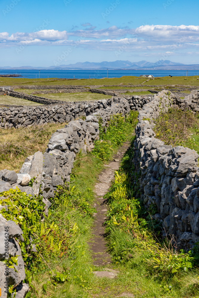 Road around farms with stone wall in Inishmore and ocean in background