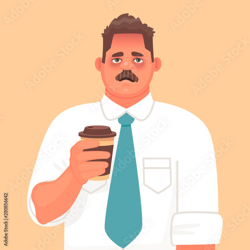 Sleepy or tired employee. A hangover or a disease. Sad businessman holding a glass of coffee