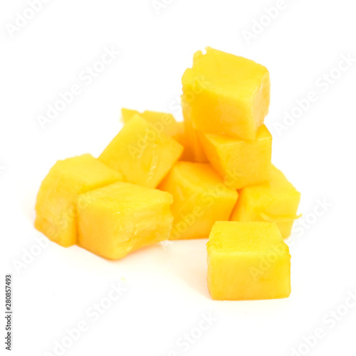 mango slice cut to cubes isolated on white