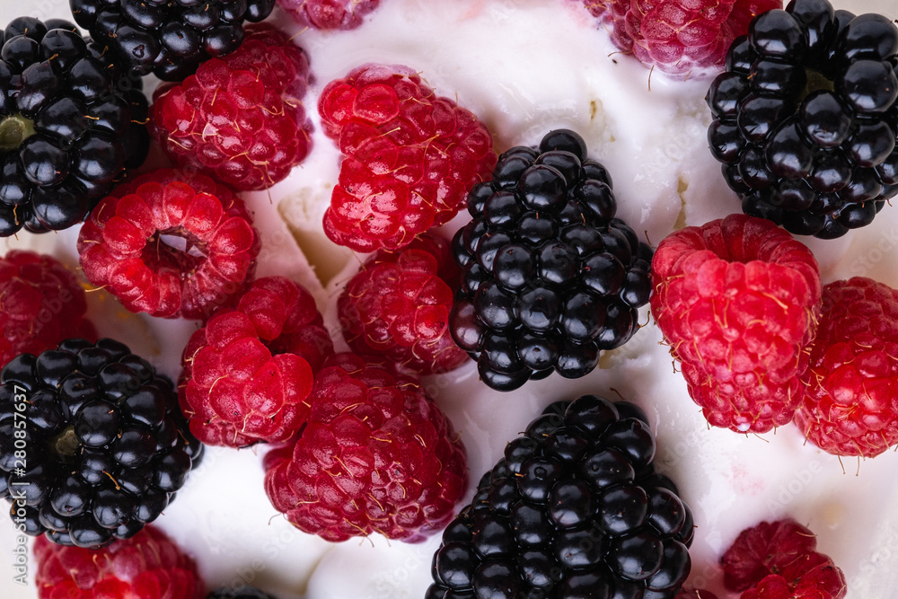 Ice cream with raspberry and blackberry berries, milk, frosty, texture, top view Ice cream with raspberry and blackberry berries, milk, frosty, texture, top view