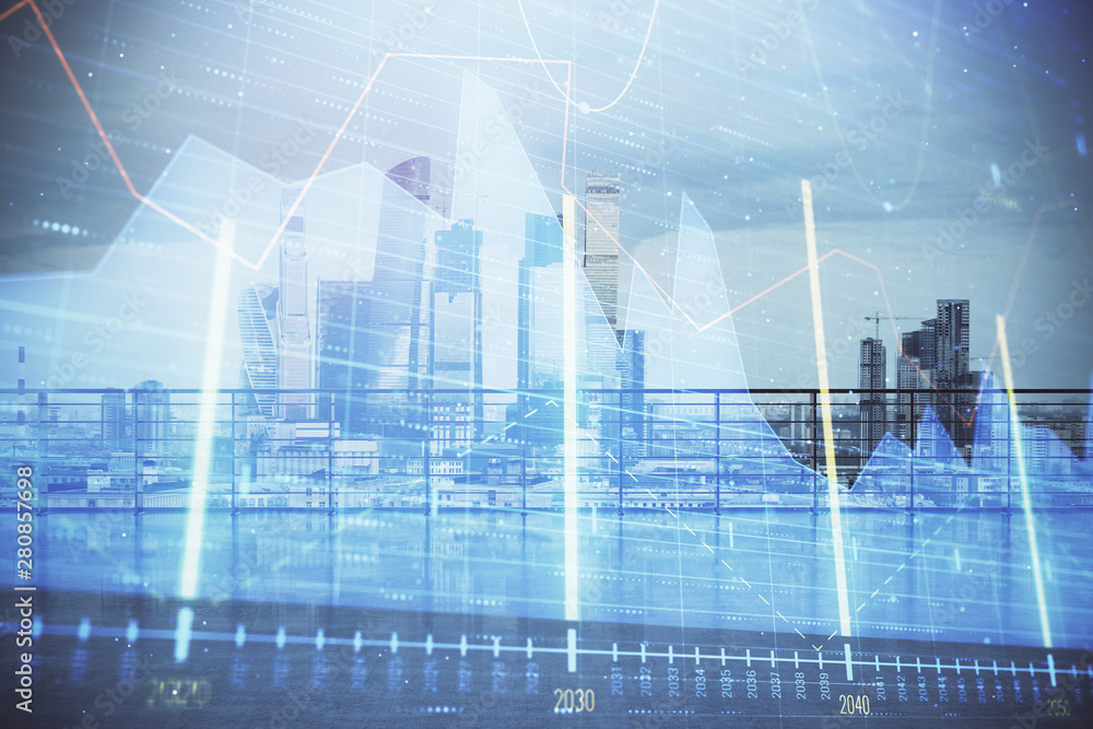 Forex graph hologram with city view from roof background. Double exposure. Stock market concept. Forex graph hologram with city view from roof background. Double exposure. Stock market concept.