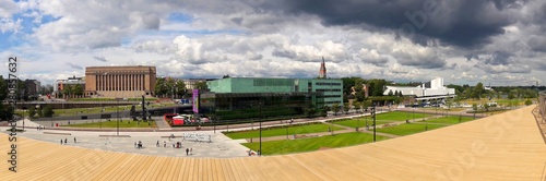 Landmark buildings of Helsinki, Finland, featuring the wooden terrace of the new Oodi main library