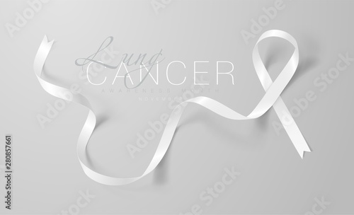 Lung Cancer Awareness Calligraphy Poster Design. Realistic White Ribbon. November is Cancer Awareness Month. Vector Illustration