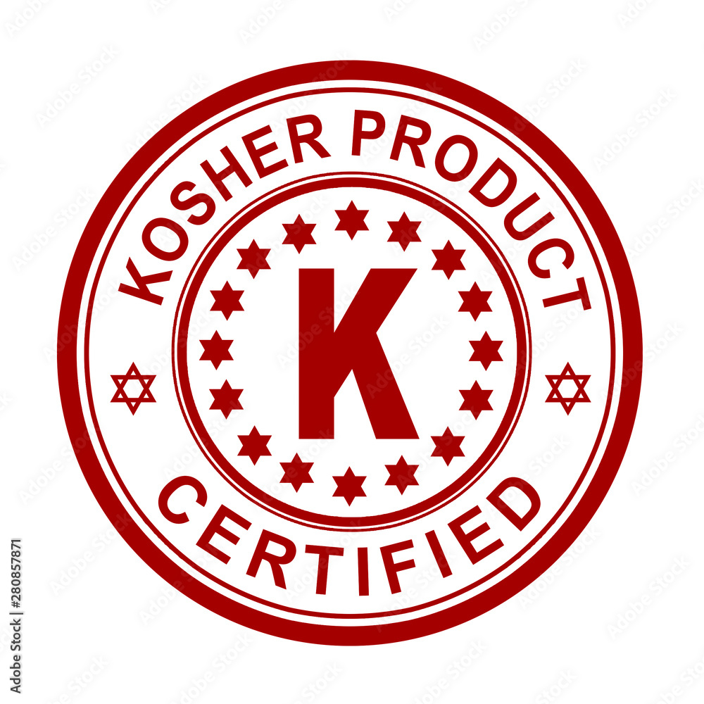 Kosher product (Jewish) round stamp with signs inside - Kosher product. Certified. The sign means also Kosher in Hebrew. Isolated on a white background. Illustration without reference Kosher product (Jewish) round stamp with signs inside - Kosher product. Certified. The sign means also Kosher in Hebrew. Isolated on a white background. Illustration without reference