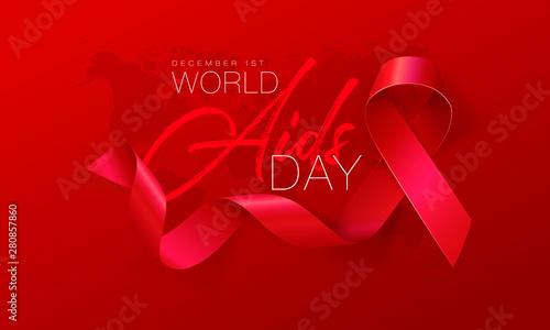 World Aids Day concept. Aids Awareness. Realistic Red Ribbon. Calligraphy Poster Design. Vector illustration