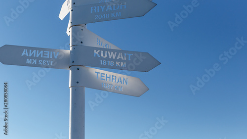 Sign indicating directions and distances to different cities of the world. The direction of the cities on the background of blue sky. Observation deck at the top of Tahtali mountain. Kemer, Turkey