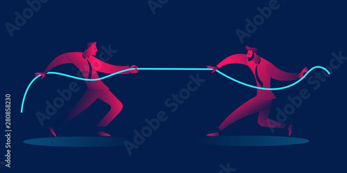 businessmen rope pulling. competition, conflict, battle, tug war, rivalry business concept in red and blue neon gradients