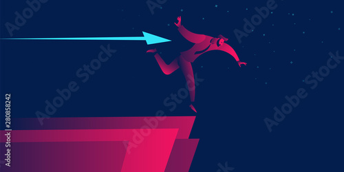 businessman falling from mountain cliff, edge. career trouble, bankruptcy, loosing job, firing business concept in red and blue neon gradients